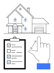 House outline with checklist and hand gesture emphasizing task prioritization, organization, and project planning. Ideal for real estate, home inspections, task management, workflow, construction