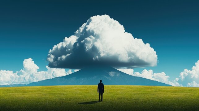 A man stands in a field looking up at a large cloud