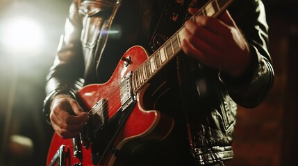 Naklejka premium Guitarist Performing on Stage Red Electric Guitar Close Up suitable for multimedia project component