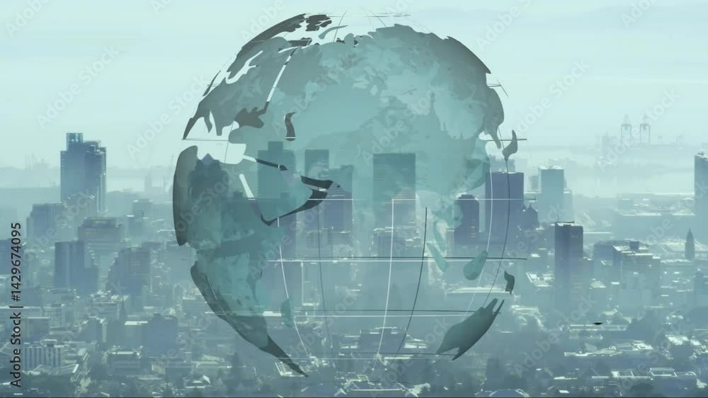 Poster 3d render globe overlay floating above cityscape, highlighting grid lines and distant port cranes