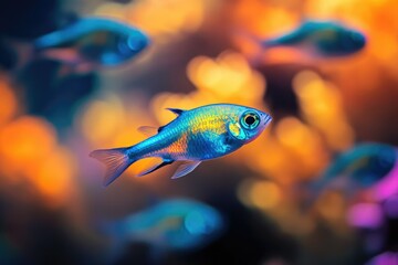 Fototapeta premium A vibrant blue fish swims in a colorful coral reef, surrounded by other fish in a blurred background.