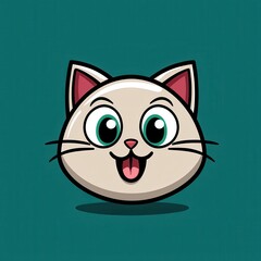 Cartoon cat face with turquoise eyes and pink tongue sticking out against teal background