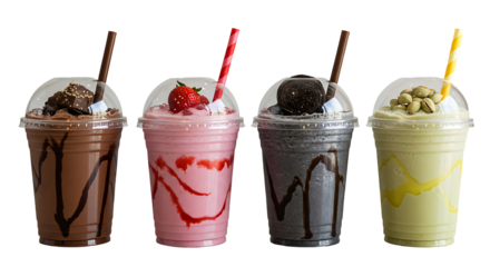 Four milkshakes with straws and toppings on a white background in plastic cups (chocolate, strawberry, black cookie, pistachio) without background png 