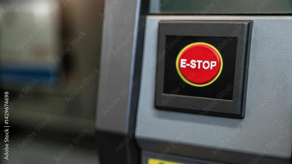 Aufkleber emergency stop button operation in workshop ensuring safety for machinery operations