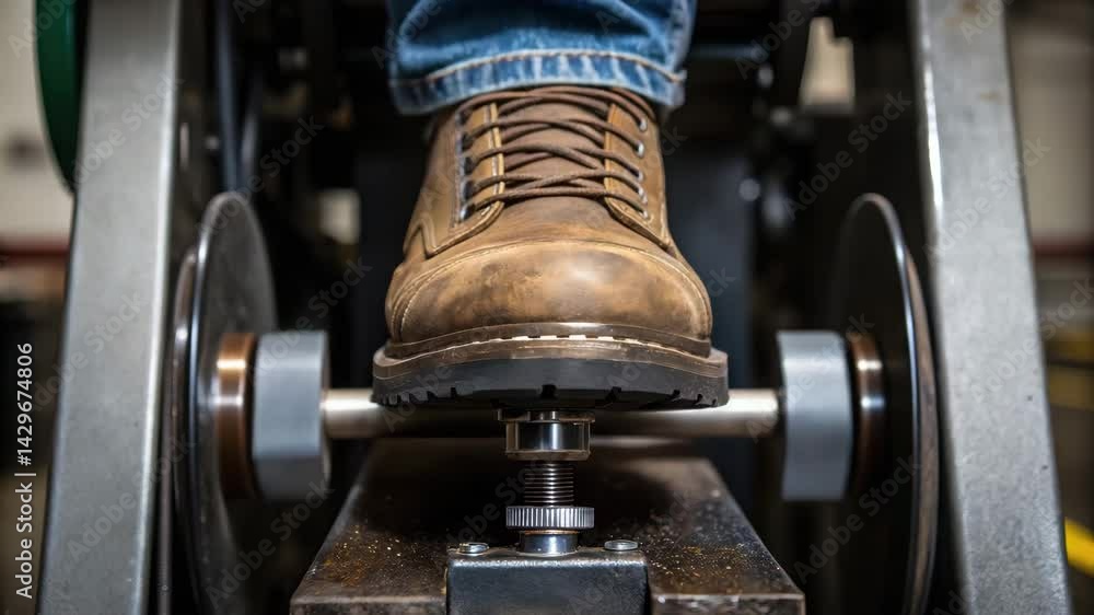 Poster craftsmanship in metal worker boot presses down on lathe in shop, showcasing precision and machinery
