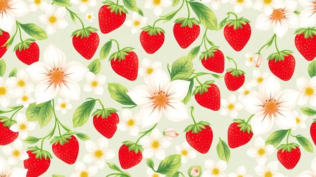 Delightful Strawberry and White Flower Seamless Pattern for Textile Design