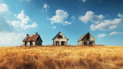 Obraz premium 3 abandoned houses in the middle of a wheat field
