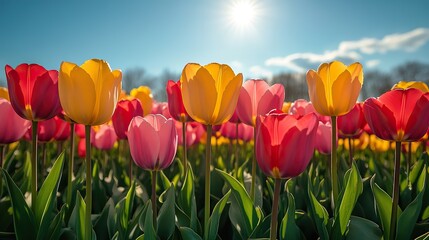 A field of colorful tulips blooming under a bright, spring sky