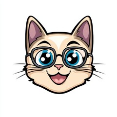 Obraz premium Cartoon cat with glasses and blue eyes smiling against a white background