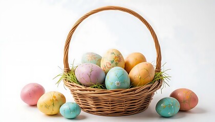 Delicate Floral Easter Eggs nestled in a Rustic Wicker Basket on White