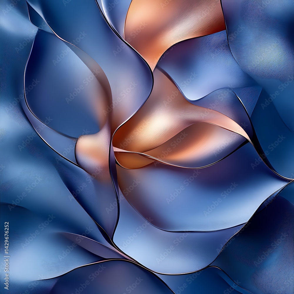 Poster abstract drapes in deep blue and warm tones. intricate folds and curves create a dynamic visual tape