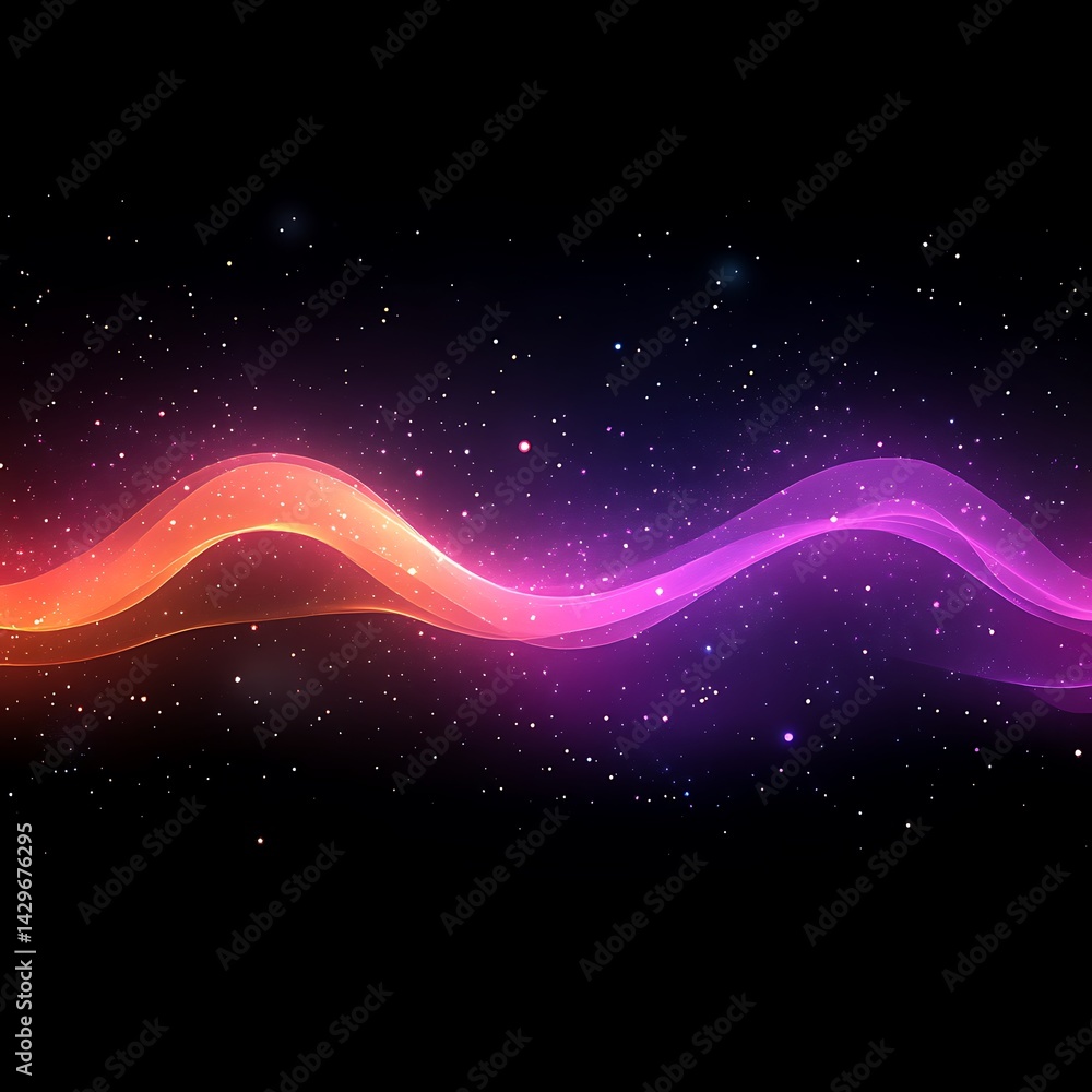 Poster abstract flowing waves of vibrant color, against a dark backdrop dotted with glittering particles. a