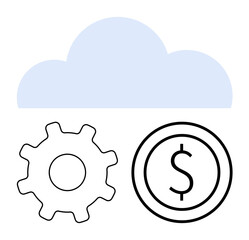 Cloud shape above gear and dollar sign symbolizing technology, efficiency, and cost management. Ideal for cloud computing, finance, business strategy, innovation, management, optimization simple