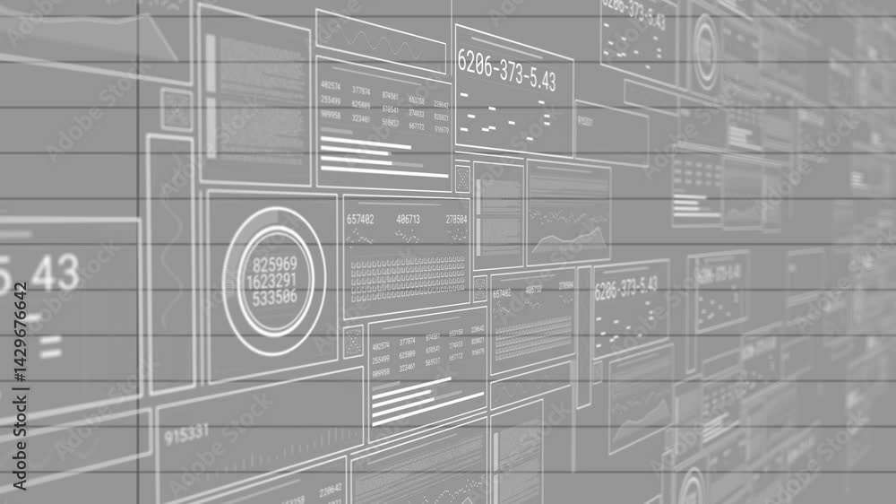 Poster Translucent data panels floating in virtual grid lined interface, showing charts and numeric codes