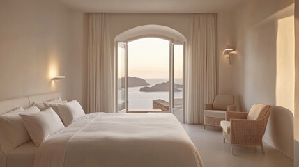 Calming Santorini Bedroom Sunrise View