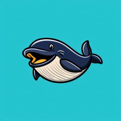Cartoon whale illustration with open mouth and yellow tongue on solid blue background