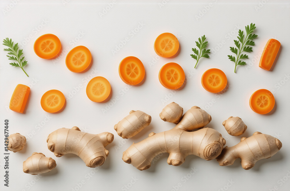 Poster overhead shot of sliced carrots and whole ginger root pieces arranged on a white background. a minim