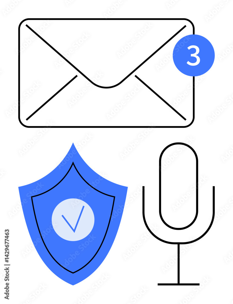 Poster envelope with notification, microphone, and shield with checkmark indicating secure communication. i