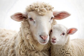 A close-up shows a ewe with her lamb nestled closely.