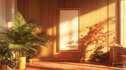 Sunlit wooden room with plants and a blank frame.