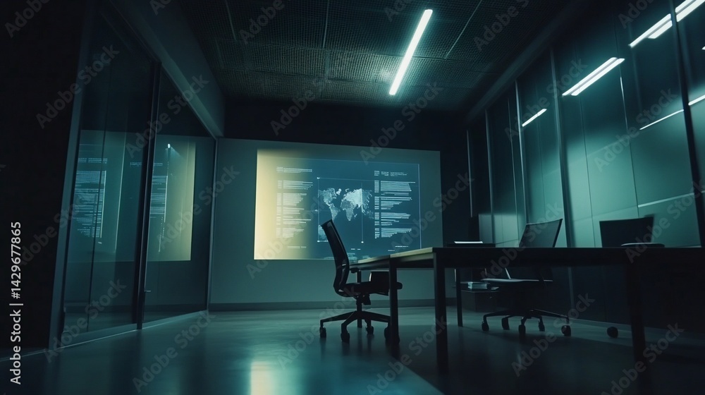 Poster modern dark office interior with a display showcasing world map and code, illuminated by strip light