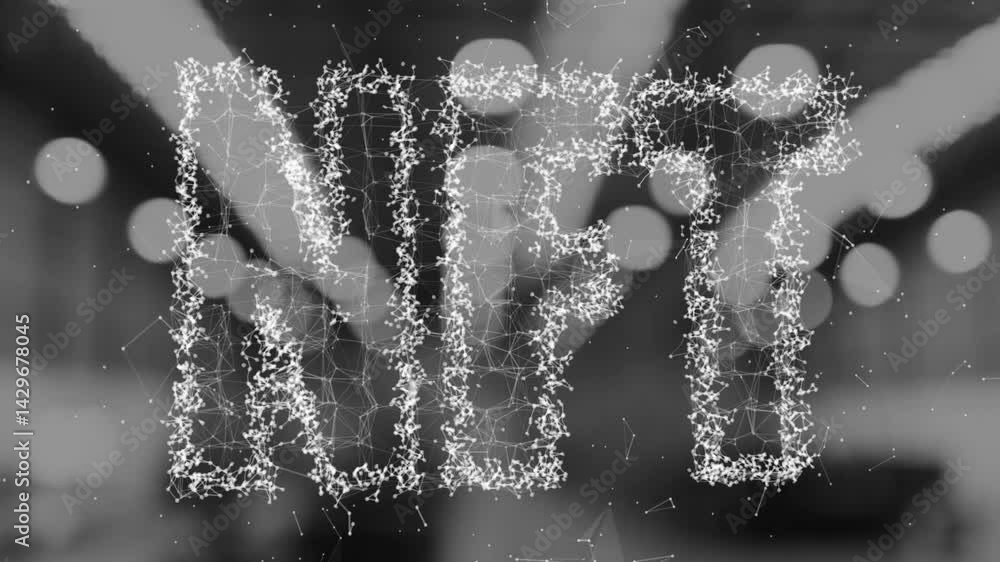 Aufkleber nft lettering being animated in dark digital display, featuring glowing nodes and connecting lines