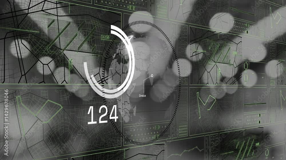 Poster digital hud interface showing progress number 142 with grid panels and blurred lights animating