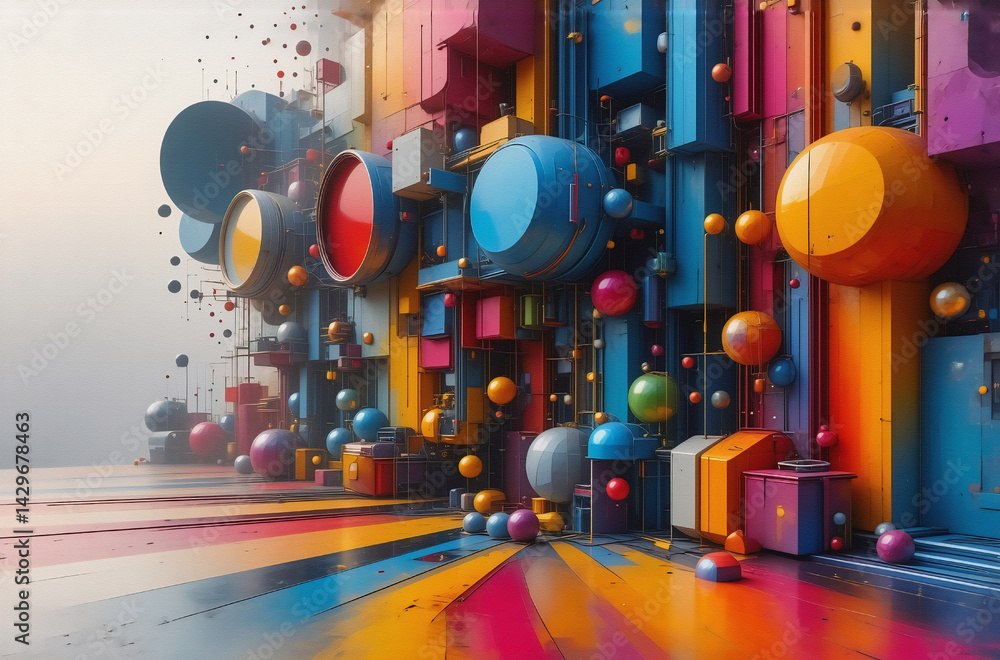 Poster Vibrant abstract 3D scene displaying colorful geometric shapes including blocks, spheres, and cylinders, creating a playful and modern artwork.