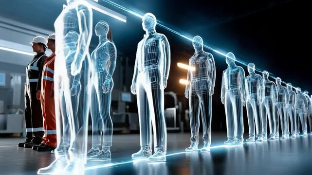 Innovative Workforce: A dynamic representation of a futuristic workforce, showcasing the seamless integration of technology and human potential, emphasizing progress and innovation.