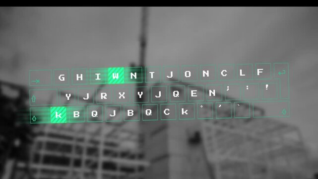 holographic on-screen keyboard neon-green floating over blurred skyline, showing striped J O N keys