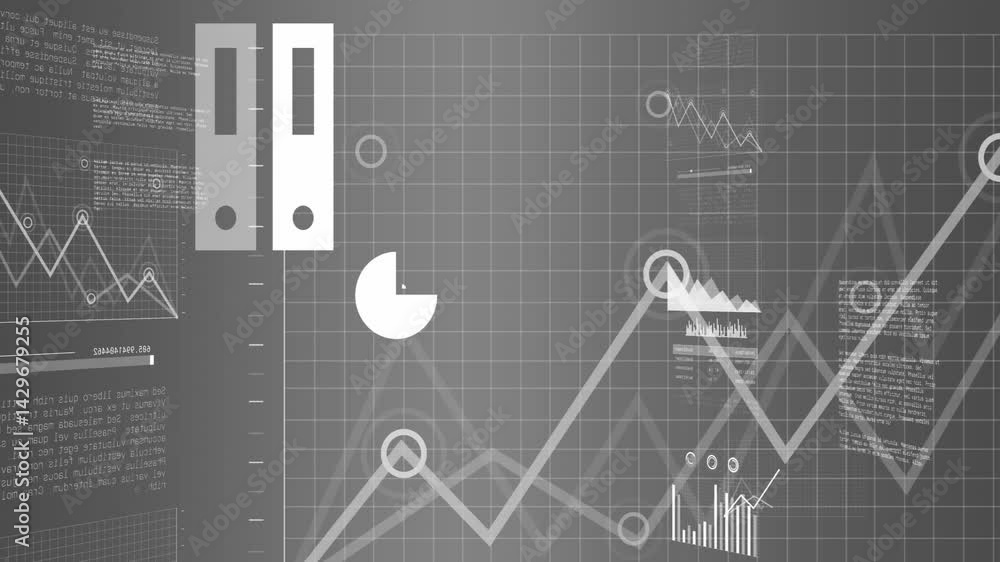 Poster white pie chart icon floating on smooth grey gradient, showing semi transparent grid, charts, text