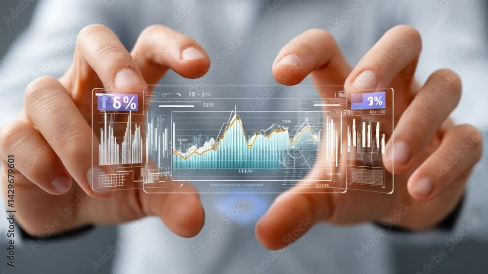 Poster modern business insights: a person holds a transparent digital display showcasing intricate data cha