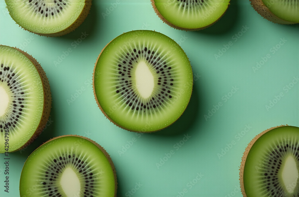 Poster Several vibrant green kiwi fruit slices are artfully arranged on a mint green background.  The image showcases the fruit's texture and color, creating a visually appealing composition.