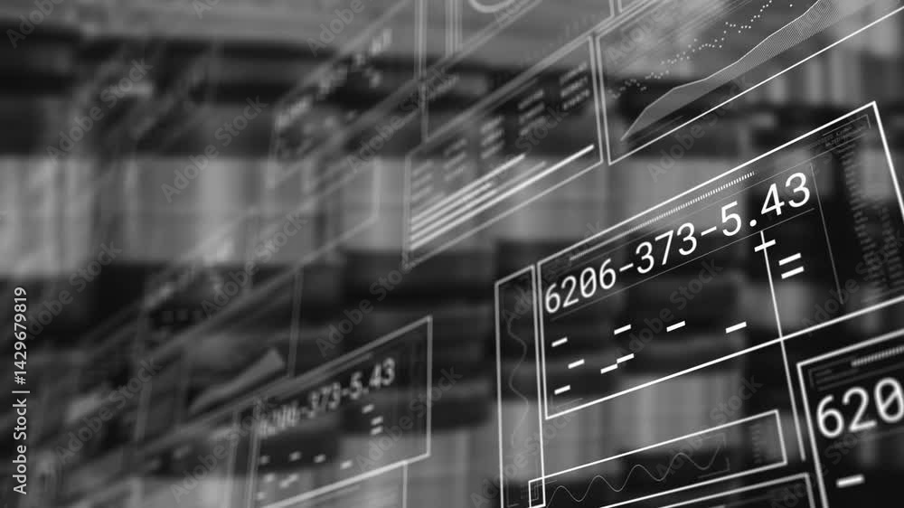 Poster Overlapping translucent data panels floating in grayscale 3D, showing codes charts tables progress