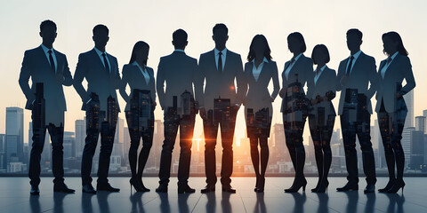 People and network, silhouette of people looking at a city to learn more about business, digital mixed media