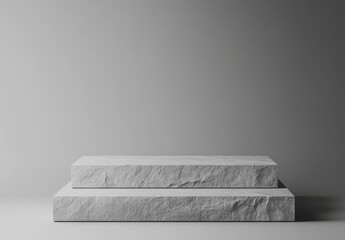 Light gray stone platform, two-tiered pedestal, simple display backdrop