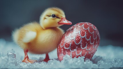 Adorable Baby Duckling with Easter Egg . happy easter, funny animal, holiday celebration