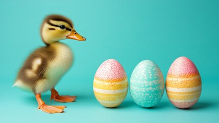 Cute Duckling with Easter Eggs . happy easter, funny animal, holiday celebration.