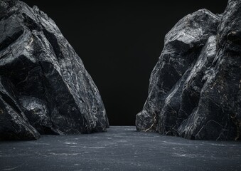 Dark, rugged rocks frame a smooth, dark platform