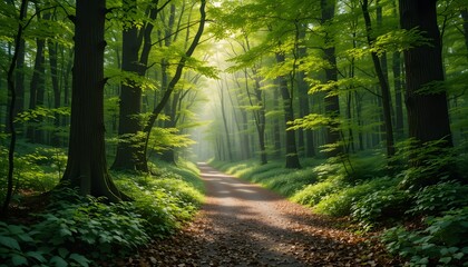 Fototapeta premium A magical forest trail surrounded by vibrant green moss and tall trees under soft sunlight