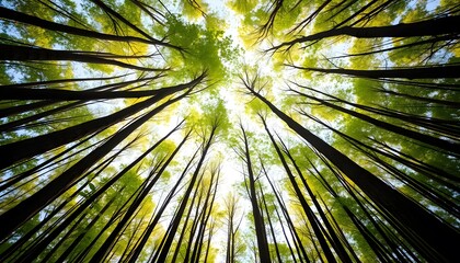 Looking up at tall spring trees glowing with fresh green leaves under the bright sunlight