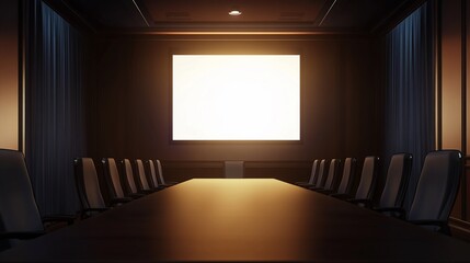 Empty modern boardroom with a long conference table ready for presentations and meetings