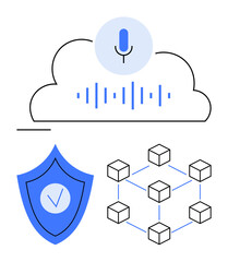 Cloud with microphone and sound waves representing voice recognition, shield icon for security, blockchain network. Ideal for AI, cloud tech, cybersecurity, blockchain, data security, innovation