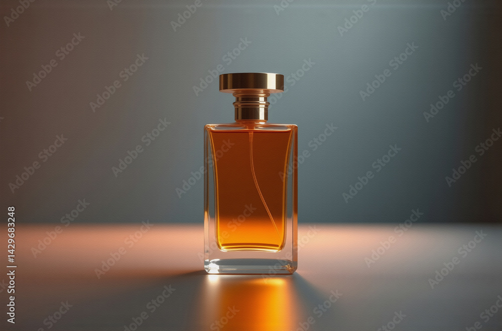 Poster a rectangular amber perfume bottle with a gold cap sits on a reflective surface, illuminated by warm