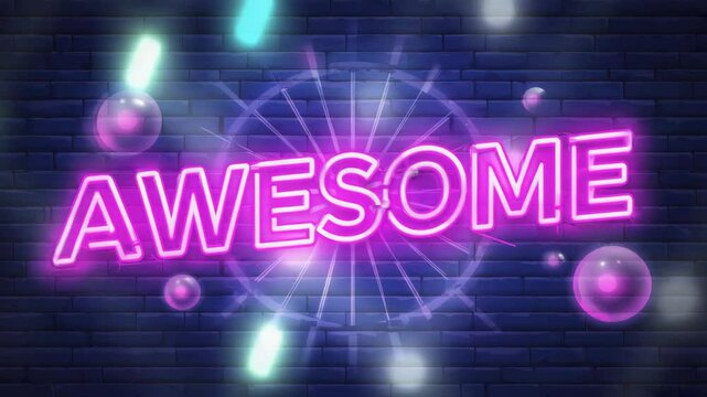 Neon 'AWESOME' Text with Glowing Pink Effect Against Dark Brick Wall. Representing Vibrant Energy and Modern Style. Awesome neon text animation 4k video.
