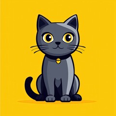 Cartoon illustration of a gray cat with yellow eyes and a black collar with a yellow bell