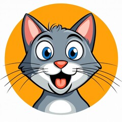 Obraz premium Cartoon illustration of a gray cat with blue eyes and a pink nose smiling in a circular frame