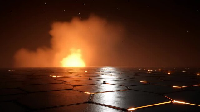 A surreal landscape with hexagonal patterns and an orange glow in the background.