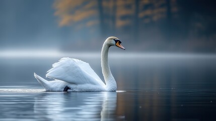 Obraz premium A majestic white swan gliding gracefully across a calm lake