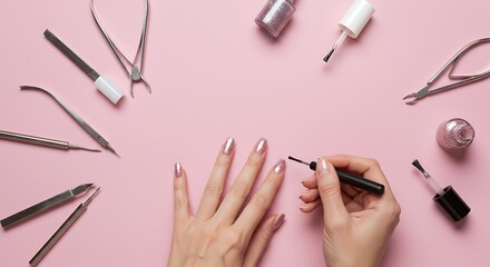 Artistic nail painting session with metallic polish on a pink background